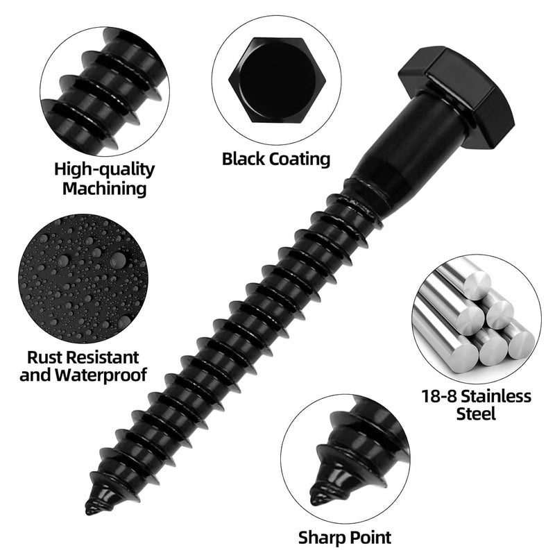 OUSCHR 1/4" x 1-1/4" Stainless Steel Lag Screws Bolts, Heavy Duty External Hex Head Wood Screws, Black Finish, Full Thread, 25 PCS - Image 3